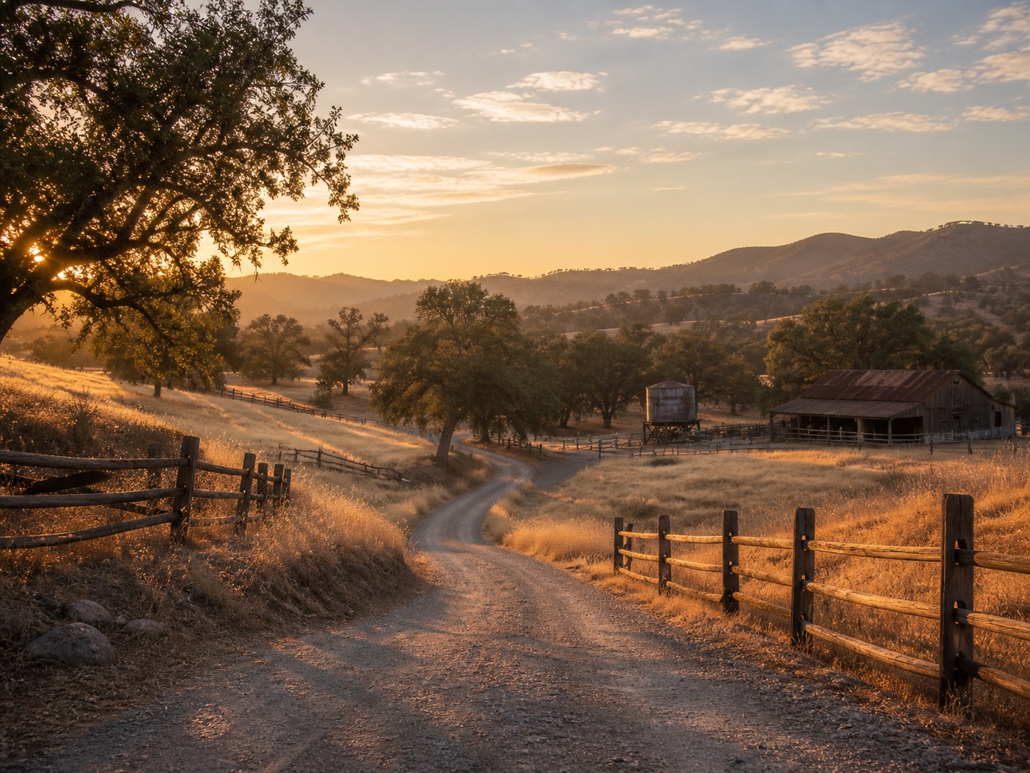 Gold Country dirt road at golden hour